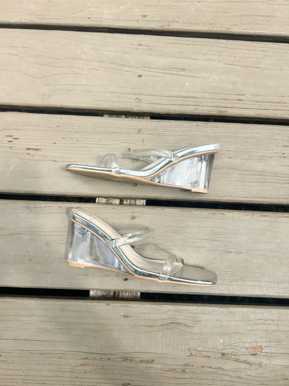 Halston Heritage Silver Clear Strap Block Heel Sandals | Size US 6.5 / EU 37